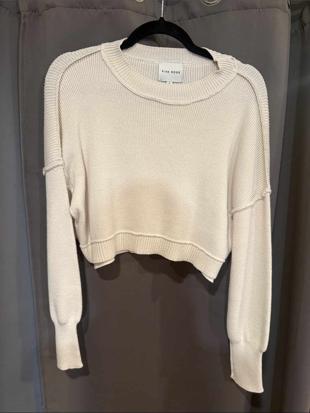 Pink Rose Cream Cropped Crewneck Sweater